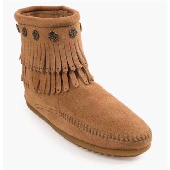 Size 7 Minnetonka Double Fringe Side Zip Suede Boots Moccasins - Picture 2 of 9